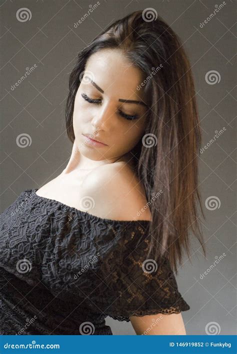 Sensual Attractive Caucasian Brunette Woman Posing Studio Stock Photo