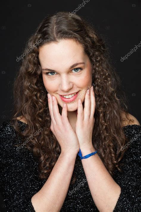 Smiling Pretty Girl With Long Brown Curly Hair Fashion