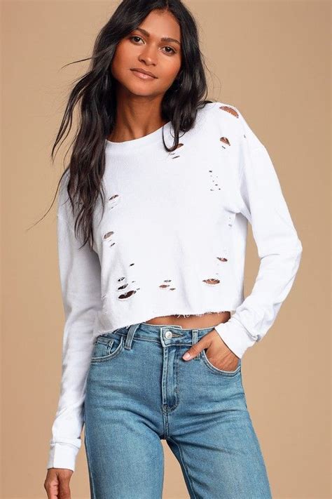 Times Are Changing White Distressed Cropped Sweatshirt Distressed