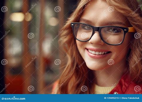 Beautiful Red Haired Girl In Glasses Expressing Positive Emotions Stock