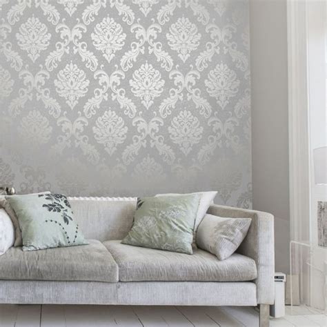 Chelsea Glitter Damask Wallpaper Soft Grey Silver Feature Wall Living