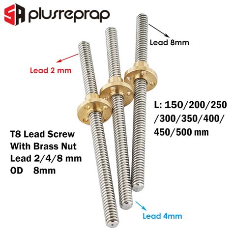 t8 lead screw od8mm pitch 2mm lead 2 4 8mm 150mm 200mm 250mm 300mm 350mm 400mm 500mm with brass
