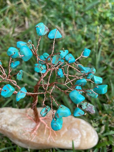 7 Copper Wire Tree With Jade Turquoise Stones Beads Beaded Etsy