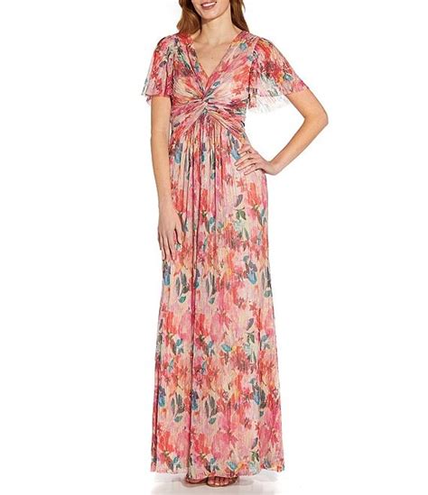 adrianna papell metallic floral print pleated twist v neck short flutter sleeve gown dillard s