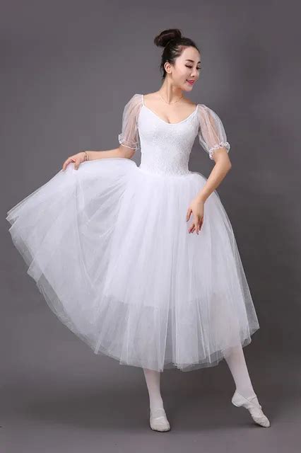 New Ballet Classic Tutu White Ballet Dress Women Lace Sleeve Long Tulle