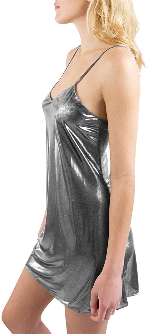 Intimo Women S Liquid Metallic Chemise Thong Set Silver Size Large