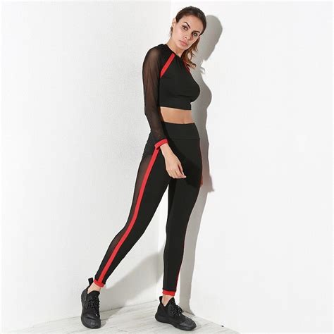 autumn sexy mesh running jogging sport suit women tracksuit yoga fitness sets long sleeves black