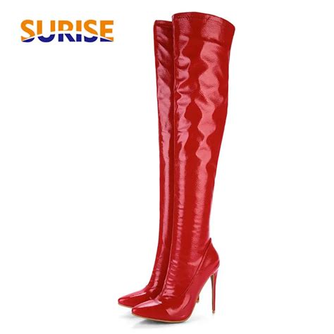 Red Patent Leather Women Thigh High Boots Lady Dance Pointed Toe Thin Spike Stiletto High Heels