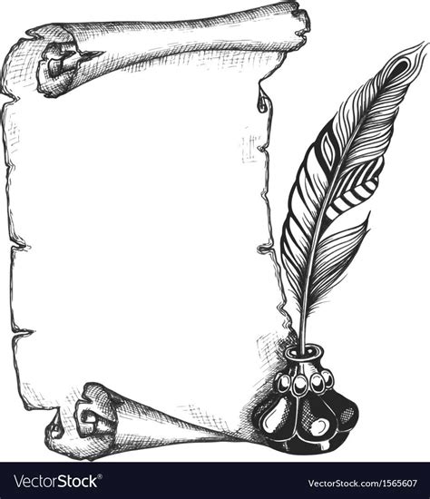 Paper Scroll Feather And Inkwell In A Sketch Style Hand Drawn Vector