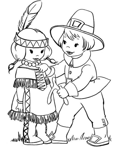 Luxury indian coloring pages 76 with additional coloring for kids. Pilgrim Boy Giving Thanksgiving Day Wishbone To Little ...