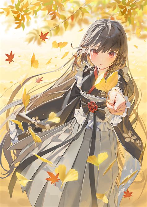 Safebooru 1girl Autumn Autumn Leaves Bangs Black Hair Black Kimono Blurry Blurry Background