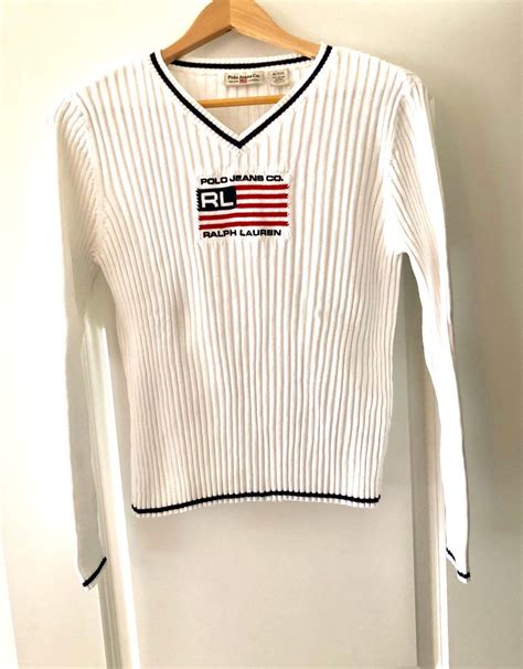 Vintage 90s Ralph Lauren Polo Jeans American Flag White Sweater Sz Xl Very Cute Polo Jeans