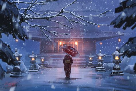Winter Lantern Walk Hd Anime Wallpaper By Surendra Rajawat