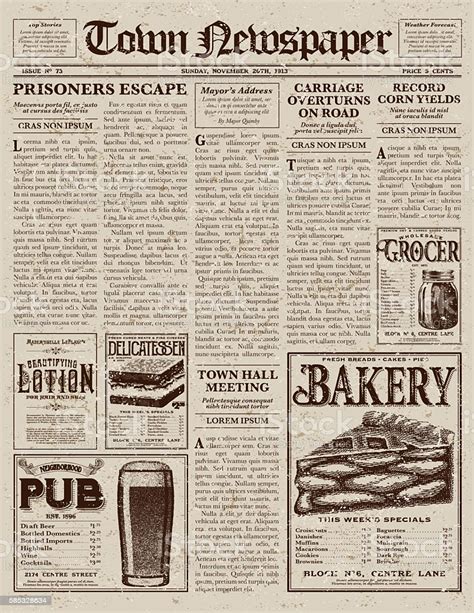 The three newspaper report examples in this pack could be read with your children to gauge their knowledge of the features of a newspaper report at. Vintage Victorian Style Newspaper Design Template Stock Illustration - Download Image Now - iStock