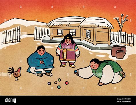 Vector Illustration Children Play Traditional Korean Games Vintage