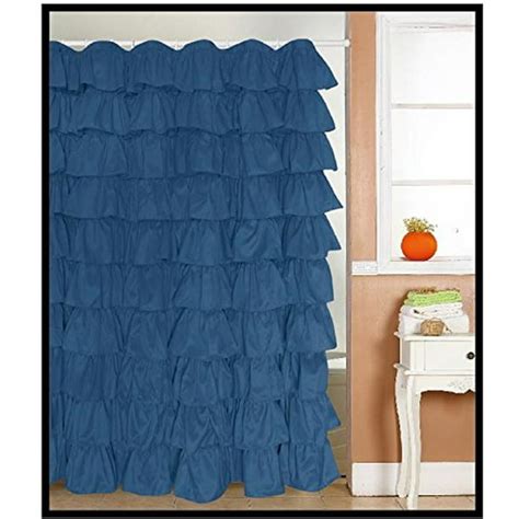 Ruffled Dark Blue Fabric Shower Curtain