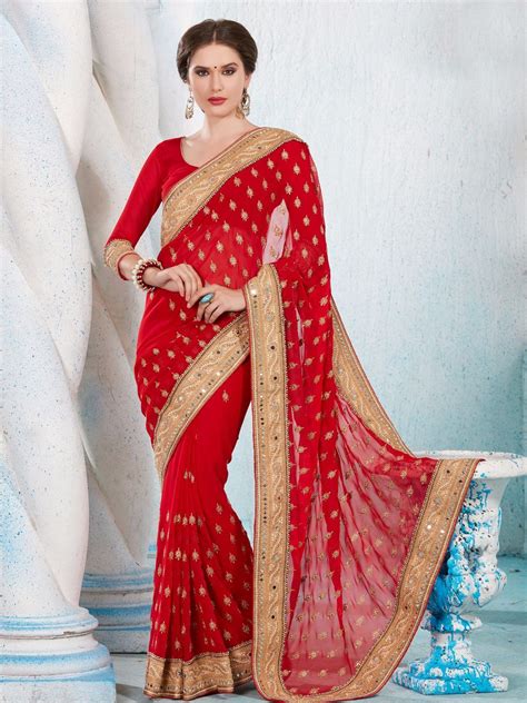 Amazing Red Georgette Wedding Wear Saree Party Wear Sarees Saree Designs Saree Trends