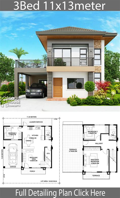 Home design plan 11x13m with 3 Bedrooms - Home Design with Plan