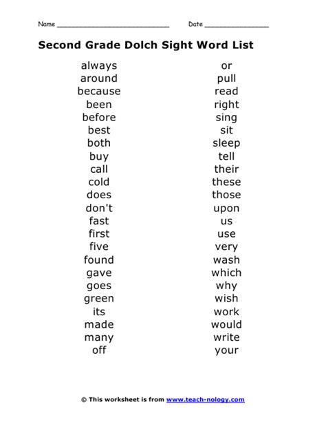 Second Grade Dolch Sight Word List