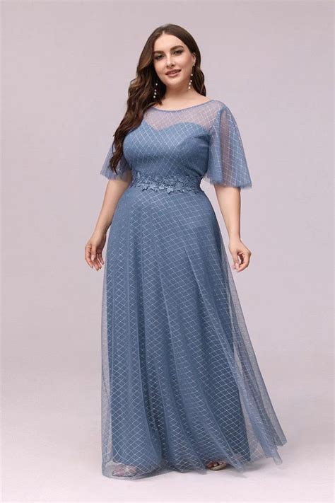 Plus Size Round Neck Dusty Blue Prom Dress With Puffy Sleeves 6748