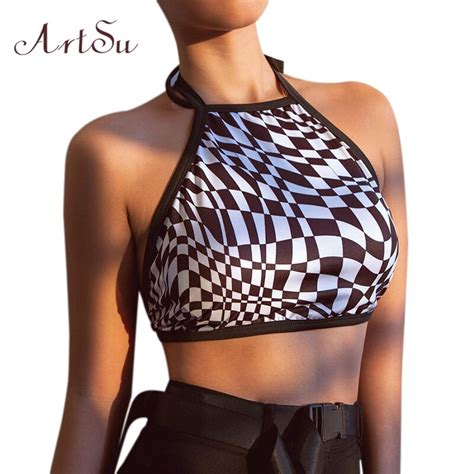 Artsu Fashion Sexy Women Camis Vest Streetwear Crop Tops Plaid Print Lace Up Backless Sleeveless