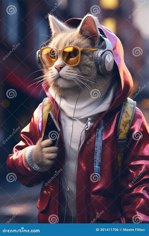 Anthropomorphic Cat Wearing Headphones And With A Smartphone In His