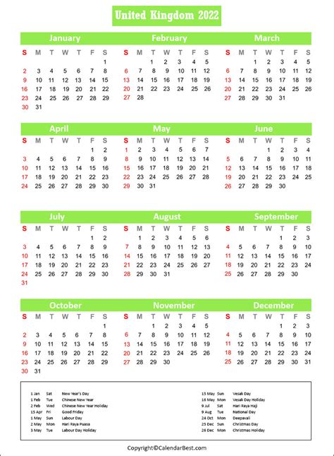Free Printable Uk Calendar 2022 With Holidays