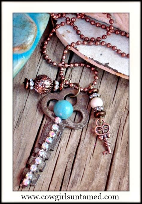 Cowgirl Junk Gypsy Rhinestone Turquoise Embellished Antique Key Pendant On Copper Ball Chain