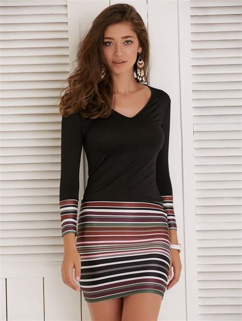 [41 Off] Long Sleeve Striped Short Fitted Tight Dress Rosegal