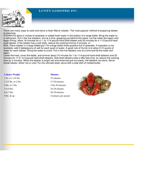 Sample Lobster Cooking Time Chart Free Download