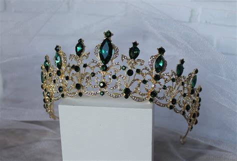 Emerald Tiara With Earrings Gold Tiararoyal Crowncrystal Etsy Australia