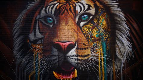 Wallpaper Artwork Colorful Graffiti Wall Bricks Animals Tiger