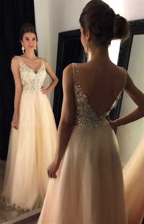 Newest V Neck Appliques Prom Gownbeaded Long A Line Beige Tulle Prom