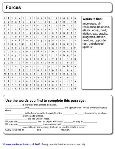 Forces Keywords Cloze Word Search Teaching Resources