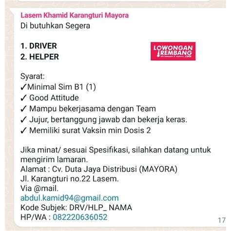 2 Lowongan Kerja Pegawai Sopir Dan Helper CV Duta Jaya Distribusi