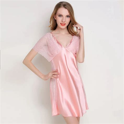 New Sexy Night Dress Women Lace Shawl Nighties V Neck Satin Nightgown Plus Size Silk Sleepwear