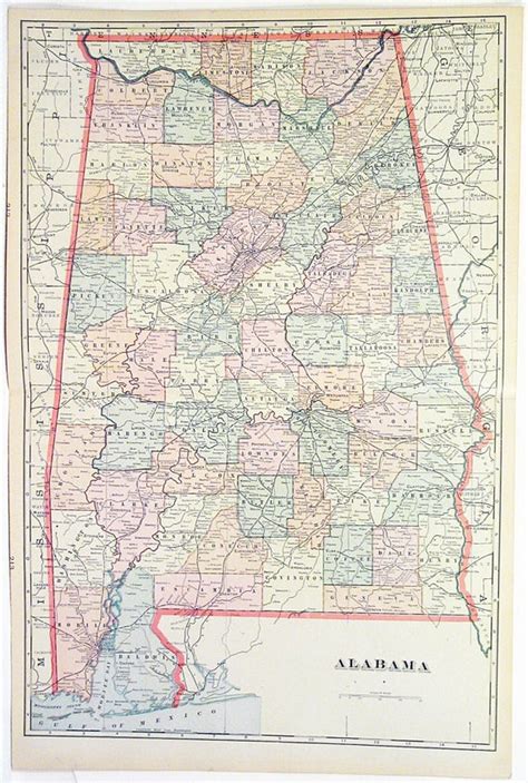 Original C1890 Color Atlas Map Of The State Of Alabama By