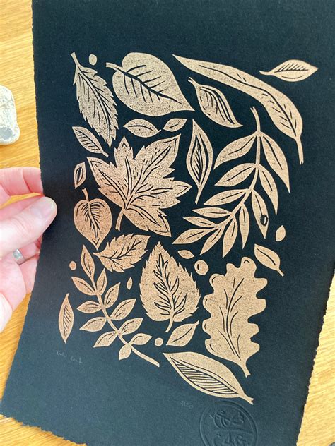 Gold Leaf Autumnal Leaves Linocut Print Handmade Art Etsy