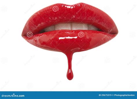 Close Up Of Red Lipgloss Dripping From Woman S Lips Over White Background Stock Image Image Of