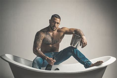 Seductive Undress Man Sit On Bathtub In Bathroom Men Holiday With
