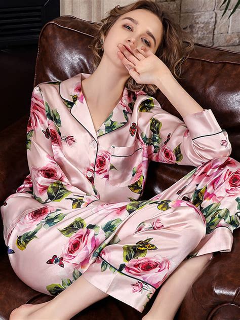 19 Momme Rose Floral Black Pink Long Silk Pajama Set Fs101 19900