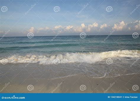 Blue Sea With Foam Wave White Sand On The Beach And Blue Sky With