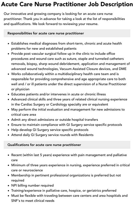 Acute Care Nurse Practitioner Job Description Velvet Jobs