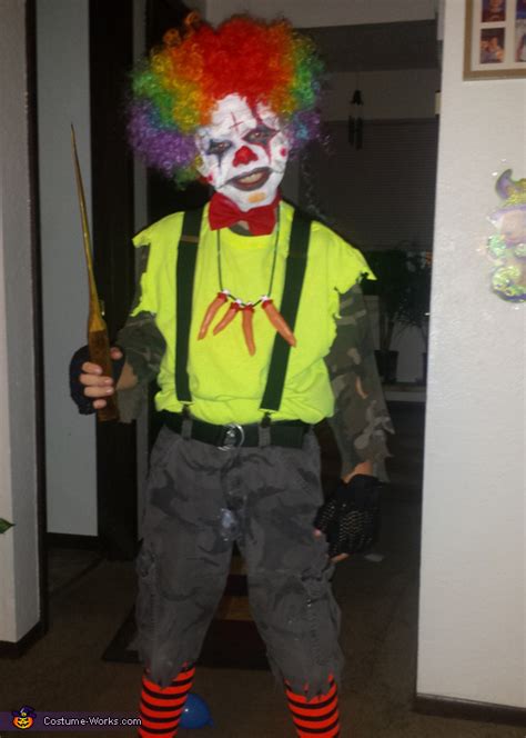 He also carries a white fabric bag and murder weapons. Scary Clown Halloween Costume DIY