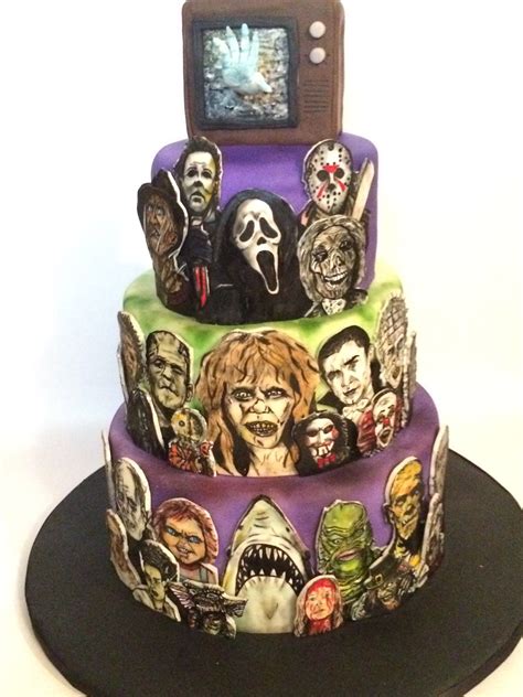 A Multi Layer Cake Decorated With Zombie Pictures And An Old Fashioned