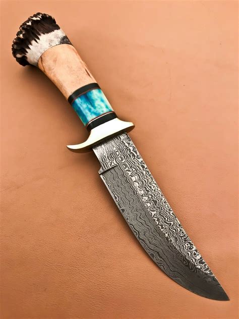 Custom Handmade Damascus Steel Bowie Knife With Stag Crown Handle