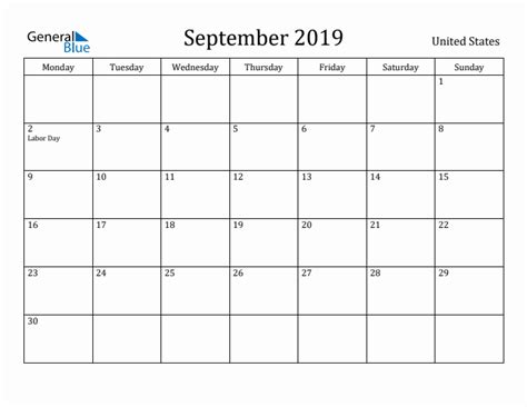 September 2019 United States Monthly Calendar With Holidays