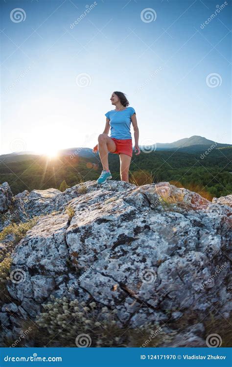 A Girl Is Running In The Mountains Stock Photo Image Of Female