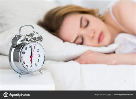 Selective Focus Girl Sleeping Bed Alarm Clock — Stock Photo