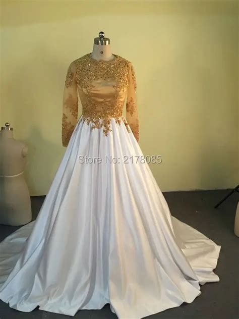 Gold And White Muslim Wedding Dress Turkish Islamic Women Bridal Gown Robe De Mariage Saudi